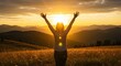 © Laki - Silhouette of person with arms raised, golden sunset over mountains, field of tall grass, lens flare, warm tones, backlit figure, joyful pose