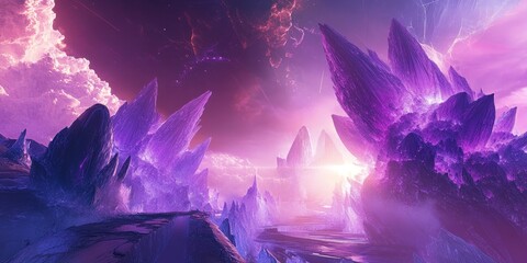 Wall Mural - vibrant cosmic landscape with majestic purple crystal formations at dawn