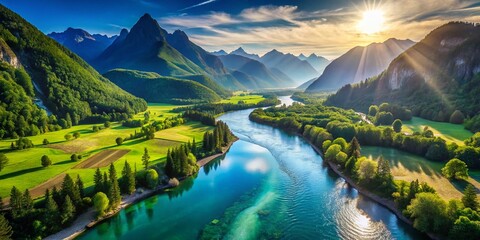 Wall Mural - Stunning Aerial View: Serene River Between Majestic Hills