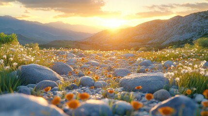 Wall Mural - Rocky flower field at sunset in mountains.