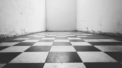 checkerboard floor pattern in an empty room with white walls
