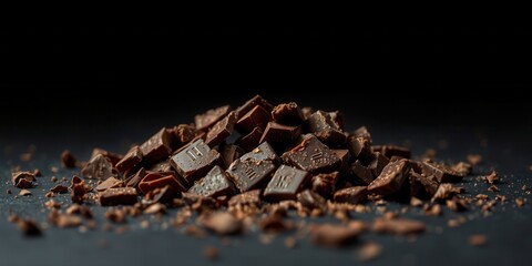 A close-up view of dark chocolate chunks scattered on a black surface, the sweet treat melting in the warm light