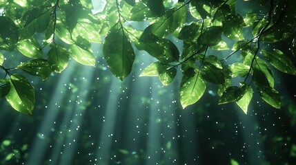 Wall Mural - Sunbeams through leaves in a forest during gentle rain.