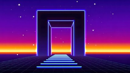 Wall Mural - neon 80s styled massive gate in retro game landscape with shiny road to the future