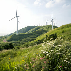 Wind turbines and grassy hills isolated on white