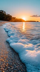 Wall Mural - Tropical beach sunset, waves lapping shore, trees in background.