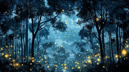 Wall Mural - Enchanting night forest with glowing fireflies in a mystical landscape