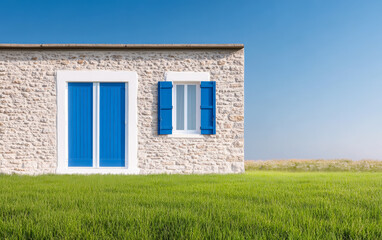 Wall Mural - Bright blue shutters adorn a stone house in a grassy field under a clear sky