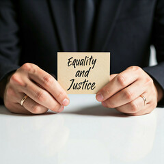 close up hands holding equality and justice card man wearing suit