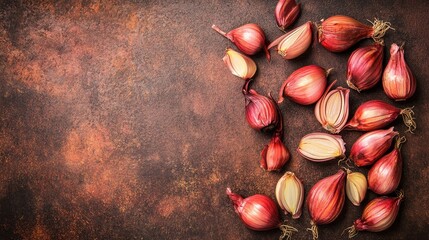 Wall Mural - Red shallots on rustic brown background highlighting culinary elegance