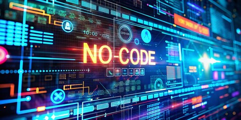 tilt-shift no-code programming app: futuristic hud interface, data stream, coding prohibited