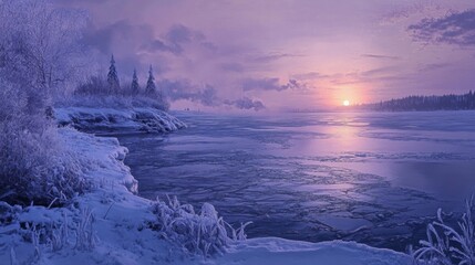 Wall Mural - Serene winter landscape: frozen lake and sunrise in snowy forest