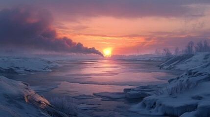 Wall Mural - Serene winter sunset over frozen river with colorful sky