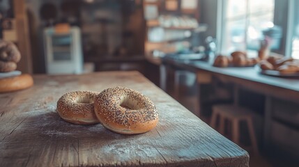 Wall Mural - Freshly baked everything bagels with sesame seeds and poppy seeds for breakfast,bagel sandwich in bakery shop,New York style bagels,Homemade freshly plain,onion bagels,space for text.