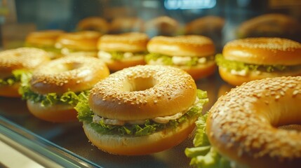 Wall Mural - Freshly baked everything bagels with sesame seeds and poppy seeds for breakfast,bagel sandwich in bakery shop,New York style bagels,Homemade freshly plain,onion bagels,space for text.