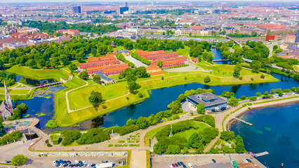 Wall Mural - Copenhagen, Denmark. Watercolor illustration. Antique Fort Kastellet, From Drone