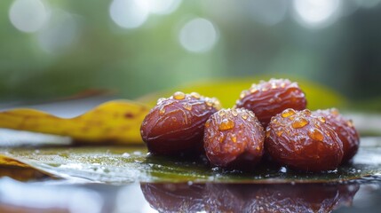 Poster - Dewy Dates Resting On A Green Leaf