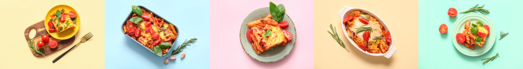 Wall Mural - Set of tasty baked pasta with cheese and tomatoes on color background, top view