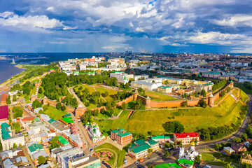 Wall Mural - Nizhny Novgorod, Russia. Watercolor illustration. Aerial view of the Kremlin walls of Nizhny Novgorod