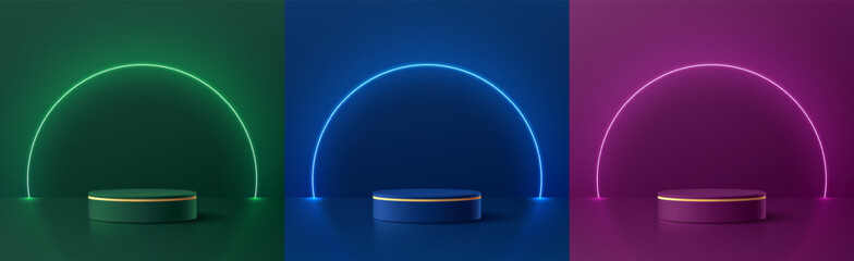 Wall Mural - set of 3d dark green, blue, purple cylindrical podium background with round glow neon light backdrop