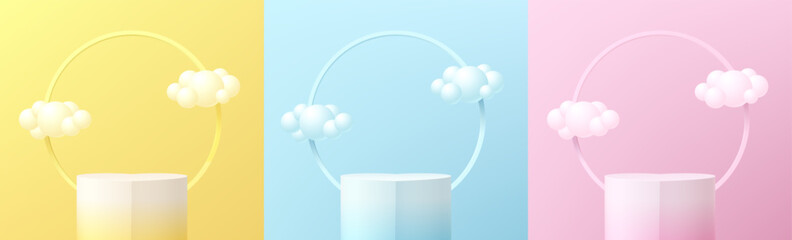 Wall Mural - set of 3d white podium in pink, yellow, blue background with cloud floating. valentine's day. minima