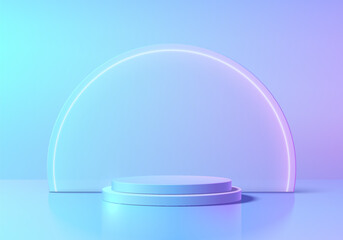 Wall Mural - blue 3d cylindrical podium background with neon light, semi circle backdrop wall scene. minimalist m