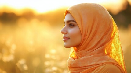 Canvas Print - Woman in Orange Hijab at Sunset Golden Light