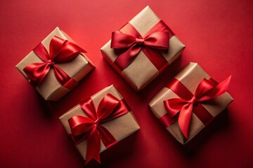 Top view photo of decorations gift boxes with red ribbon bow on dark red background.