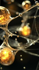 Wall Mural - complex structure of glowing golden spheres connected by intricate webs in a dark setting
