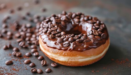 Wall Mural - A chocolate glazed donut with coffee beans on top, surrounded by coffee beans and grounds.