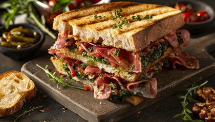 Sticker - A grilled panini sandwich with ham, spinach, and red pepper on a wooden board.