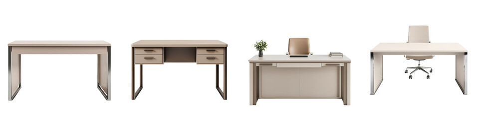 Sleek and streamlined modern minimalist office desk workspace with wooden cabinet drawers and laptop computer