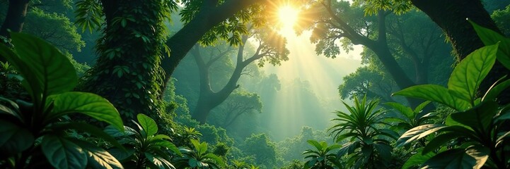 Wall Mural - dense rainforest canopy with sunlight filtering through, vegetation, lush, leaves