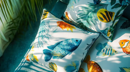 Array of decorative pillows featuring tropical fish patterns on fabric cushions illuminated by bright sunlight