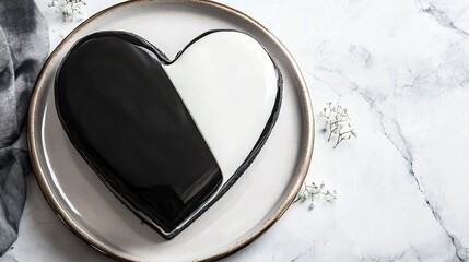 Poster - A minimalist black-and-white heart-shaped cake with a sleek, glossy finish and subtle geometric details