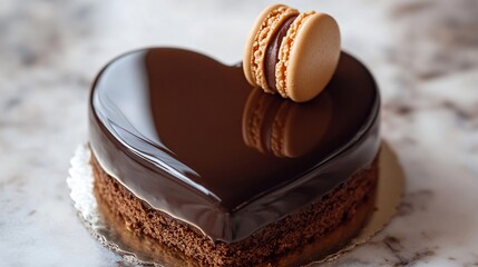 Poster - A sophisticated heart-shaped chocolate cake with a shiny mirror glaze and a single macaron on top