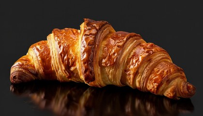 Wall Mural - A freshly baked croissant with a golden brown crust and flaky layers, isolated on a black background.