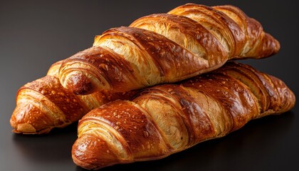 Wall Mural - Three golden brown croissants on a black background.