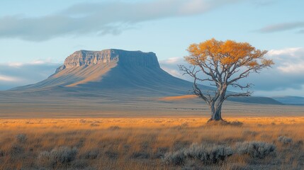 Wall Mural - Lone gold autumn tree in prairie, mesa backdrop at sunset.