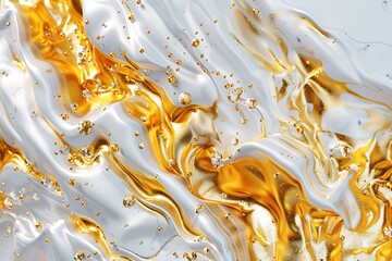 Abstract background with liquid gold and white marble texture, hyper-detailed 3D rendering close-up, capturing elegance and luxury.