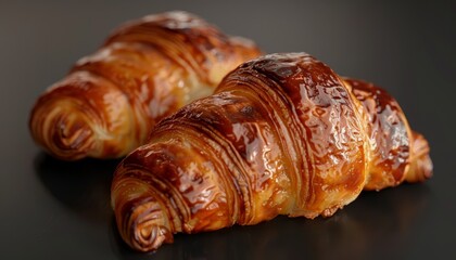 Wall Mural - Two freshly baked croissants with a golden brown crust on a dark background.