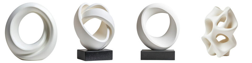 Abstract white ceramic or porcelain sculpture with looped and twisted organic geometric shapes showcased in a contemporary art gallery or exhibition space