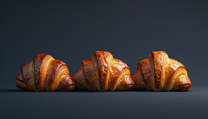 Wall Mural - Three golden brown croissants arranged in a row on a dark background.