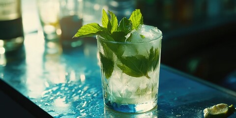 Wall Mural - Glass of mint lemonade sits on a counter. The drink is cold and refreshing, perfect for a hot day. The glass is filled with ice and has a sprig of mint on top