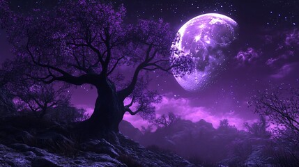 Wall Mural - purple moonlit night landscape with a large tree.