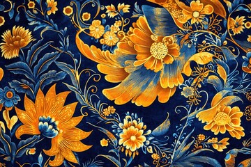 Poster - Blue and yellow floral patterned carpet. The carpet is very colorful and has a lot of detail