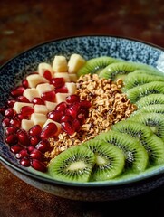 Sticker - Bowl of fruit salad with kiwi, pomegranate, and granola. The bowl is blue and the fruit is green and red