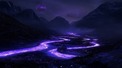 Wall Mural - purple river flowing through a dark valley at night, under a starry sky.