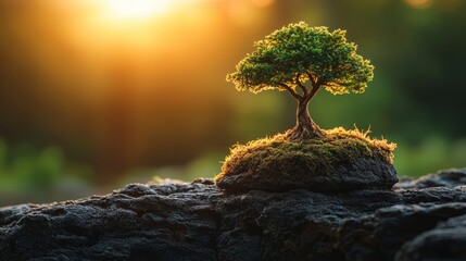 Wall Mural - Small tree on rocks, sunset.