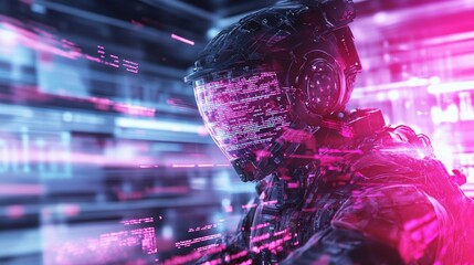 Futuristic cyborg soldier with digital code overlay.